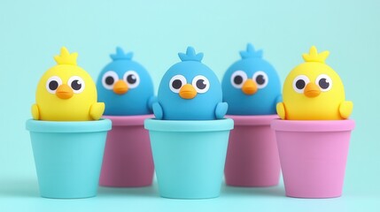 Four small birds rest inside a cup adorned with a crown, creating a whimsical and charming scene that captures the essence of nature and playfulness.