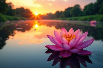 Nuphar lutea blooms on the surface of a peaceful lake at sunset, flower, bloom