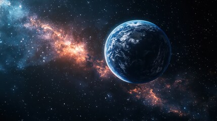 Naklejka premium A stunning view of Earth from space, surrounded by stars and colorful nebulae, showcasing the beauty and vastness of the universe.