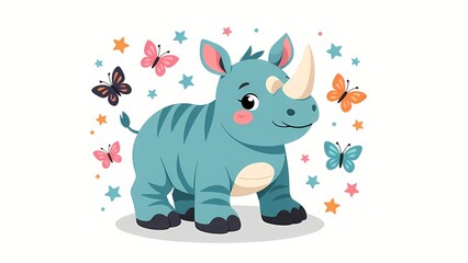 Fototapeta premium Cartoon rhinoceros and butterfly fantasy world
