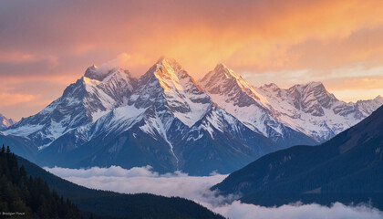 Majestic snow-capped mountains glowing at sunrise, nature's wonder