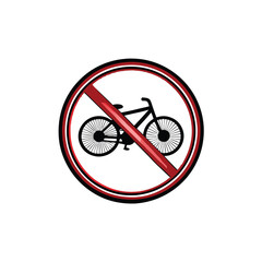 Create a vector graphic of a circular "no bicycles allowed" sign, featuring a red circle with a diagonal line across a bicycle symbol.  Ensure high resolution and clean lines.