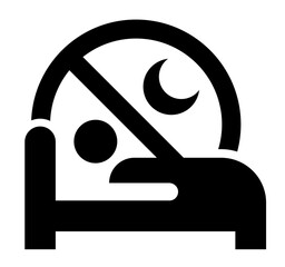 A black icon of a person in bed with a moon and a prohibition sign, symbolizing lack of sleep or sleep deprivation.