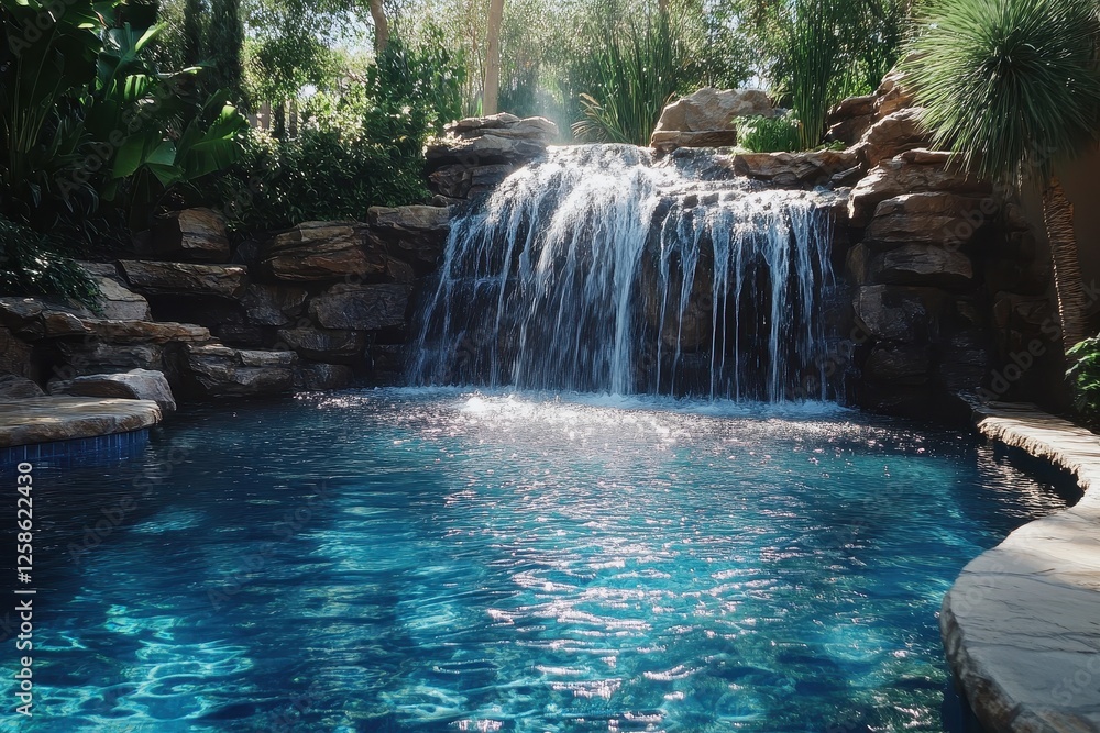 Poster tranquil waterfall cascading into a serene pool surrounded by lush greenery in a natural setting