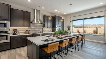 Modern Kitchen with Mountain View: Luxurious Island and Stunning Desert Landscape