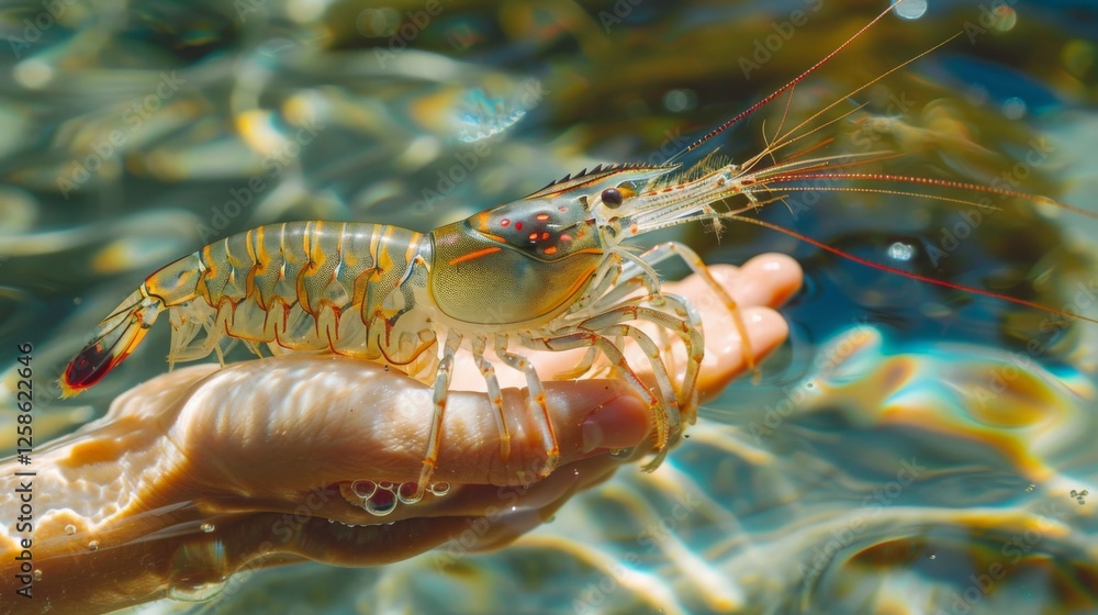 Poster a person carefully holds a large crustacean in their hand while submerged in clear water. the vivid 