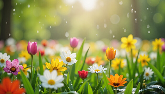 Colorful flowers blooming in rain on a sunny spring morning, nature's beauty