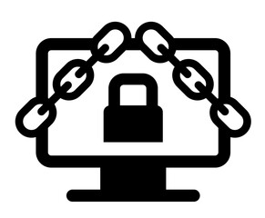 A black and white icon of a computer monitor with a padlock and chains, symbolizing cybersecurity, data protection, or restricted access.