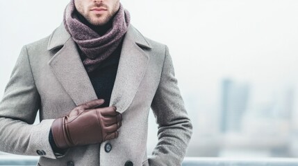 A stylish man poses outdoors in winter attire, featuring a coat and scarf against a blurred cityscape background. Fashion and urban lifestyle blend.