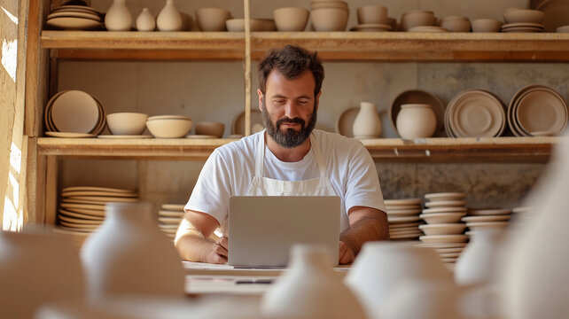 Concentrated male potter wearing apron using laptop managing online business sitting at table in pottery workshop surrounded by handmade ceramic products on shelves