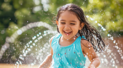 Obraz premium Happy Girl Playing in Water Sprinkler, Joyful Child Enjoying a Refreshing Summer Day Outdoors