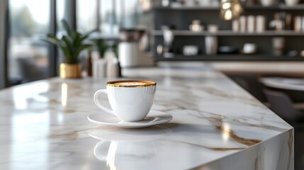 Fototapeta premium A stylish white coffee cup with gold trim placed on a marble countertop, surrounded by an elegant cafe setting, perfect for showcasing modern drink culture.