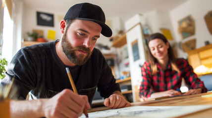 Two colleagues collaborating on a creative project, drawing sketches in their cozy home studio, enjoying a productive and inspiring work environment