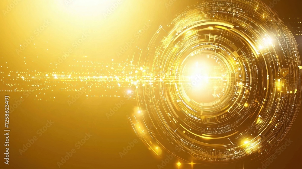 Poster a vibrant golden light radiates from a central point, surrounded by abstract circular patterns and s