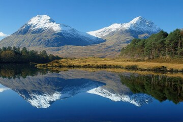 Snow-capped mountains reflecting in calm lake surrounded by lush greenery on a clear sunny day