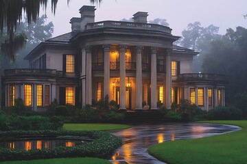 Obraz premium Elegant mansion illuminated at dusk, surrounded by lush greenery and reflective wet pathway