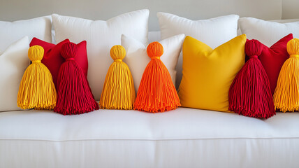 Decorative yellow, red, and orange tassels arranged on a modern white couch with neutral-colored cushions, giving a subtle yet bold touch to home decor