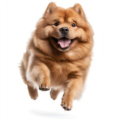 Obraz premium Happy Fluffy Chow Chow Dog Jumping Playful Energetic Brown Fur Adorable Pet Animal Canine White Background Studio Shot Purebred Breed Cute Puppy Loyal