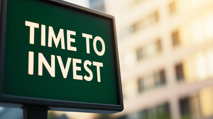 Close-up of a lightbox displaying time to invest against a blurred urban background, conveying the opportune moment for financial decisions and growth