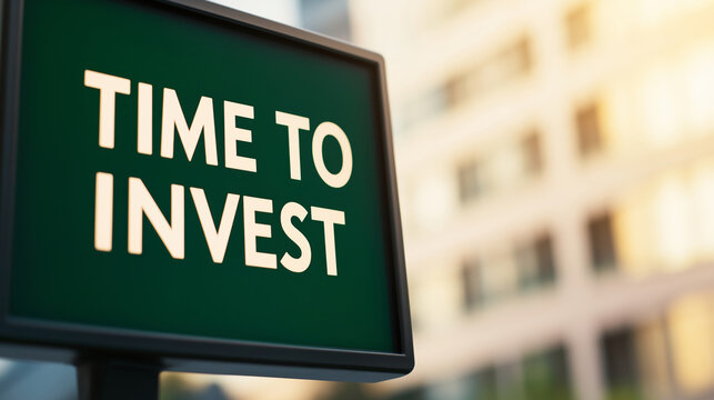 Close-up of a lightbox displaying time to invest against a blurred urban background, conveying the opportune moment for financial decisions and growth