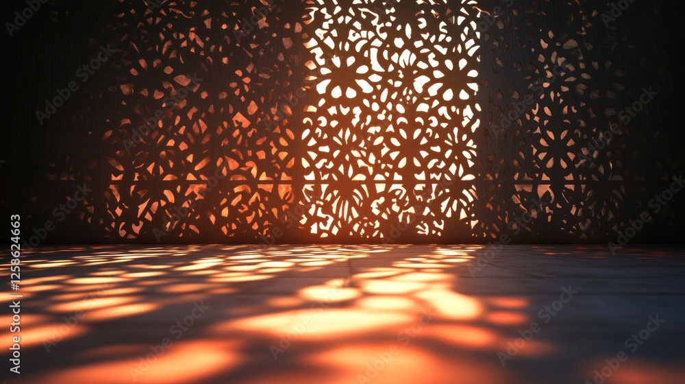 Poster Soft, radiant light filters through an ornate arabesque pattern, casting elaborate shadows that create a mesmerizing interplay of warmth and depth in the evening glow
