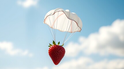 Strawberry Parachuting From Sky Fresh Fruit Delivery Concept with Parachute