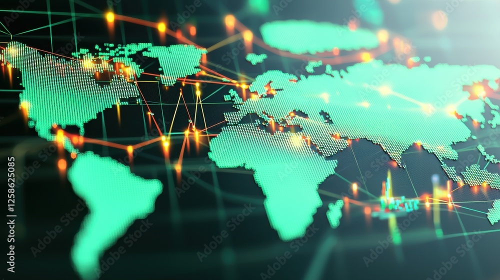 Poster a stock market chart digital map representation of the world with glowing connections, symbolizing g