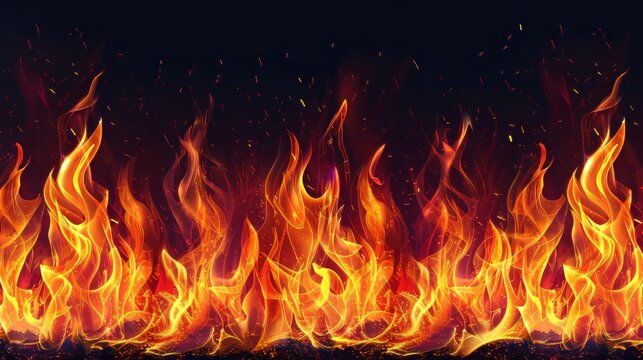 Vibrant fire flames with sparks on dark background for eye catching banner design templates