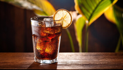 cocktail with cola on a wooden desk