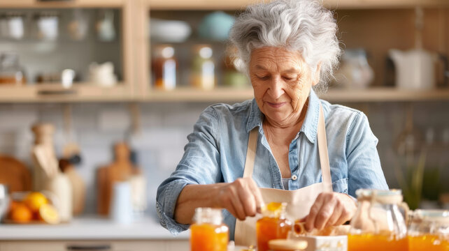 Senior Woman Making Homemade Jam in a Cozy Rustic Kitchen - Powered by Adobe