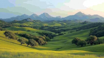 Rolling green hills, mountain backdrop, sunset.  Peaceful landscape, nature travel