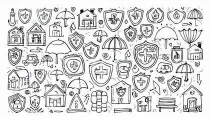 Insurance doodle icon set. Hand drawn sketch life shield, insurance umbrella, medical safety icon set. Health safety, car accident, house protect perfect any project.