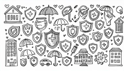 Insurance doodle icon set. Hand drawn sketch life shield, insurance umbrella, medical safety icon set. Health safety, car accident, house protect perfect any project.