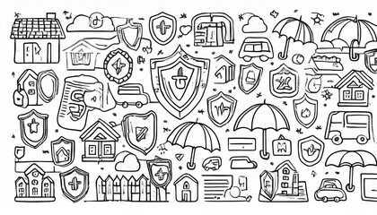 Insurance doodle icon set. Hand drawn sketch life shield, insurance umbrella, medical safety icon set. Health safety, car accident, house protect perfect any project.