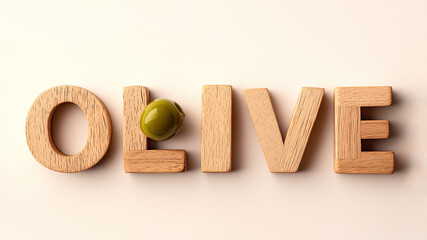 Capturing an overhead fisheye view of a single green olive nestled among large wooden letter blocks spelling OLIVE against a minimalist light-brown backdrop