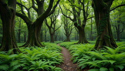 Lush Green Forest Path With Ancient Trees And Ferns