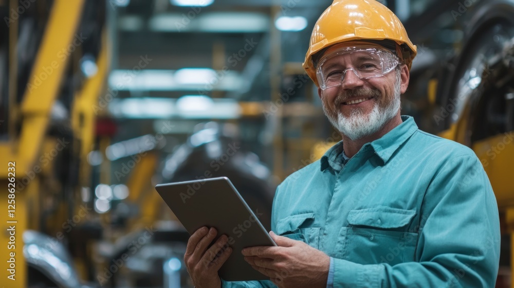 Aufkleber smiling senior engineer using digital tablet in industrial factory setting