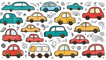 Doodle car set. Funny sketch scribble style. Hand drawn toy car perfect any project.