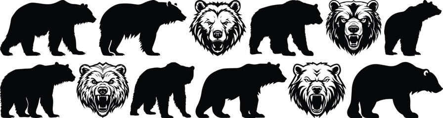 Bear silhouettes set, animal pack of vector silhouette design, isolated background