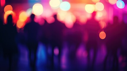 A vibrant and colorful scene of blurred silhouettes under dynamic lighting, capturing the essence of nightlife and social gatherings.