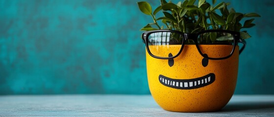 Smiling Yellow Potted Plant with Glasses on Teal Background