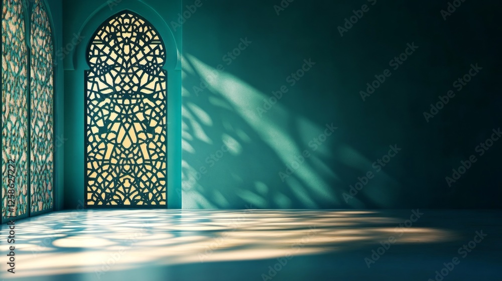 Aufkleber Soft shadows ripple across a patterned floor as sunlight filters through an elegant arabesque window, creating a calming and enchanting atmosphere in the room