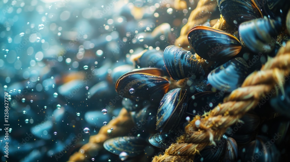 Poster mussels cling to a submerged rope in crystal clear waters, surrounded by bubbles and demonstrating a