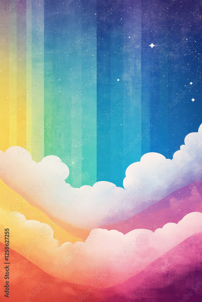 Poster vibrant rainbow gradient with soft clouds and starry sky, creating dreamy atmosphere. perfect for ba