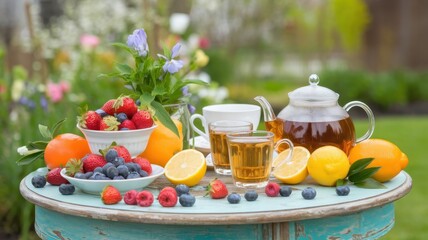A vibrant outdoor tea setting featuring a glass teapot, fresh fruits, and a colorful display of berries on a rustic table.