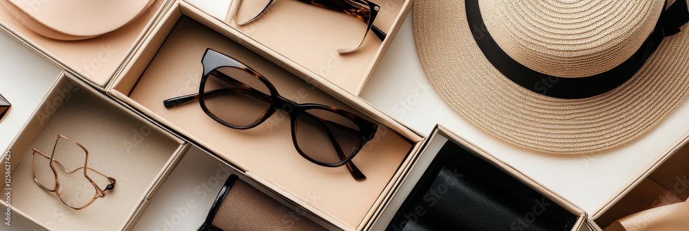 Leinwandbilder Stylish accessories neatly arranged in minimalist boxes create a modern and organized display for fashion lovers. Generative AI