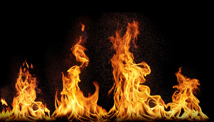 Fototapeta premium real fire yellow flames isolated on black history mockup on black of five flames