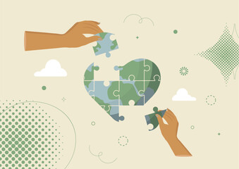 Earth Heart Puzzle Pieces Environmental Solution Vector. hands assembling heart-shaped Earth puzzle, symbolizing environmental cooperation, with decorative Memphis-style elements. Vector illustration