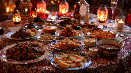 Luxurious Festive Dinner Table with Traditional Dishes and Elegant Decor