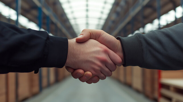 Two individuals shaking hands in a bright, modern warehouse storage area, representing a successful business agreement and a strong partnership in the logistics industry